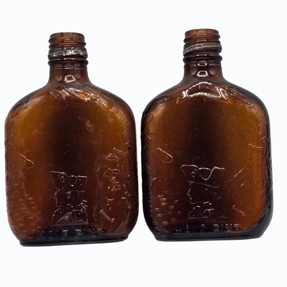 Pair Vtg Half Pint Embossed Colonial Graphics Brown Whiskey Bottle  Federal Law